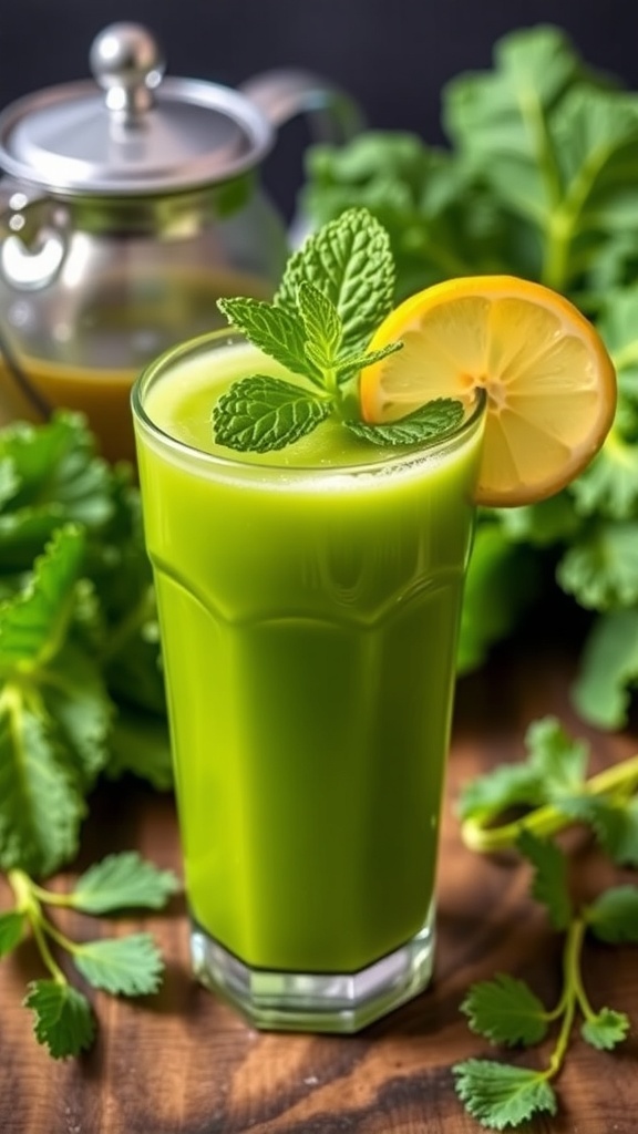 A glass of kale green tea cleanser garnished with lemon and mint on a wooden table.